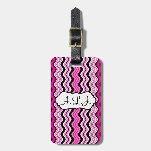 Pink, Black, White Wavy Stripes Luggage Tag (Front Vertical)