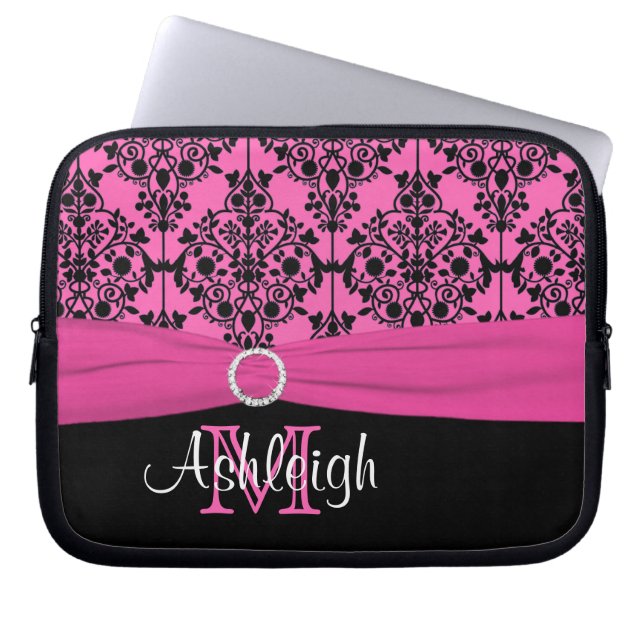 Pink Black White with FAUX Ribbon Laptop Sleeve (Front)