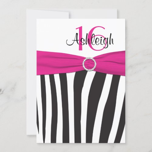 Pink Black White Zebra 16th Birthday Invitation