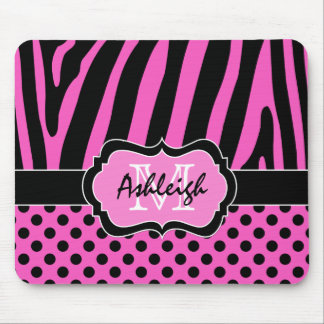 Pink, Black, White Zebra Stripe & Dots Mousepad