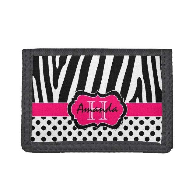 Pink, Black, White Zebra Striped Tri-Fold Wallet (Front)