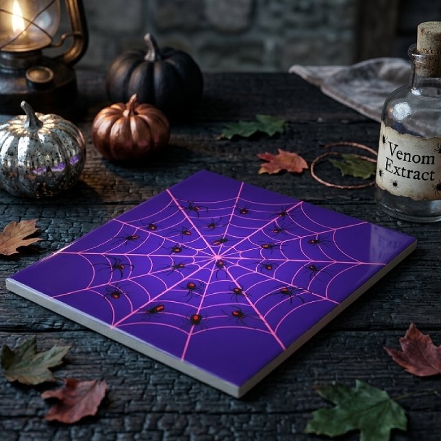 Pink Black Widow Spider Web Art Halloween Pattern Ceramic Tile (Creator Uploaded)