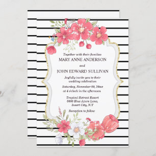 Pink black wildflower watercolor country wedding invitation