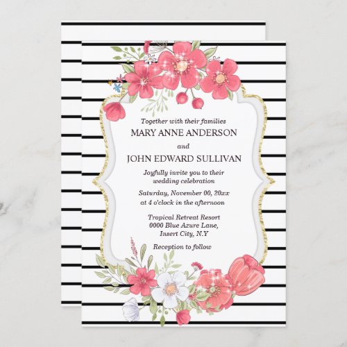 Pink black wildflower watercolor country wedding  invitation