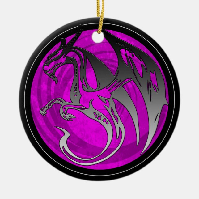 Pink black wing grunge dragon round ornament (Front)