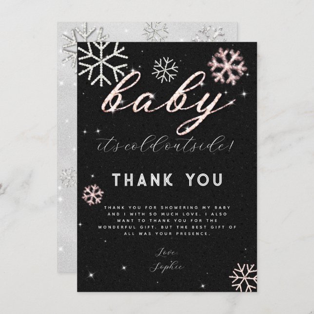 Pink Black Winter Rhinestone Baby Shower Thank You Invitation (Front/Back)
