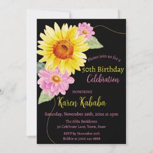 Pink Black Yellow Sunflower Daisy Floral Birthday Invitation