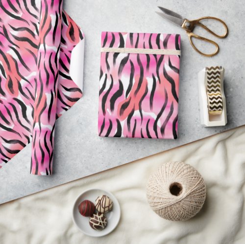 Pink Black Zebra Animal Print Wrapping Paper