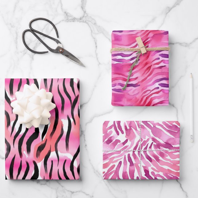 Pink Black Zebra Animal Print Wrapping Paper Sheets (Front)