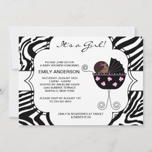 Pink Black Zebra Baby Girl Shower Invitations