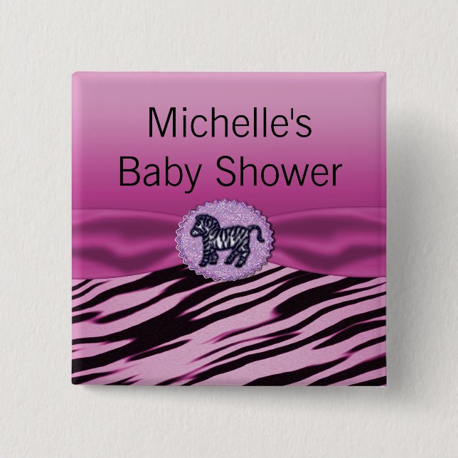 Pink & Black Zebra Glitter Baby Shower Pinback Button (Front)