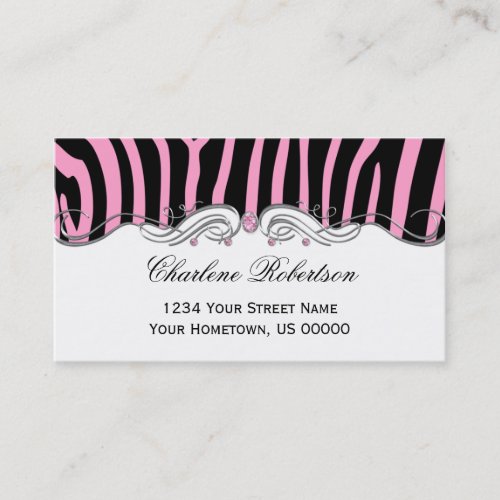 Pink Black Zebra Pink Diamonds Ornate Silver Sw Business Card