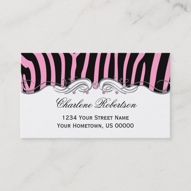 Pink Black Zebra Pink Diamonds Ornate Silver Sw Business Card (Front)