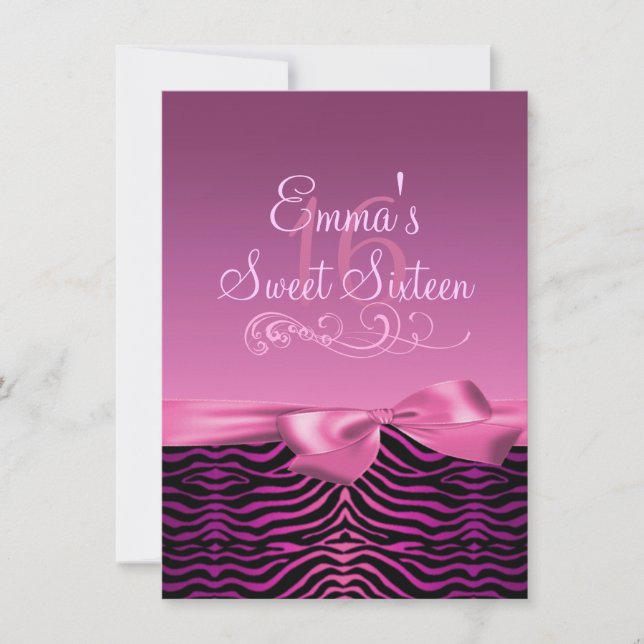 Pink/Black Zebra Print & Bow Birthday Invite (Front)