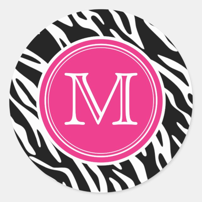 Pink & Black Zebra Print Monogram Round Stickers (Front)