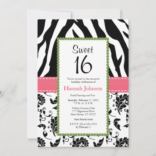 Pink Black Zebra Print Sweet Sixteen Invitation