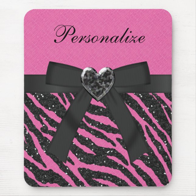 Pink & Black Zebra Printed Glitter & Bow Mouse Pad (Front)