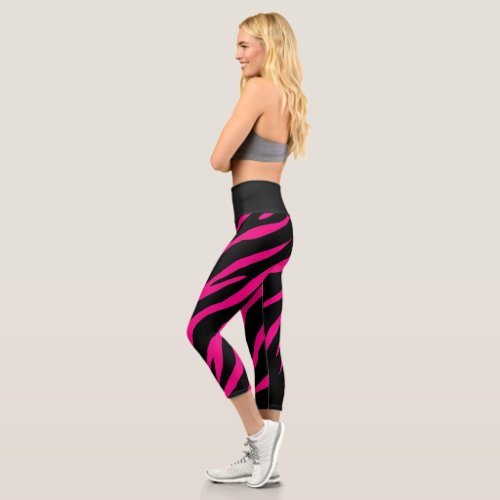 Pink  black zebra stripe animal print high waist capri leggings