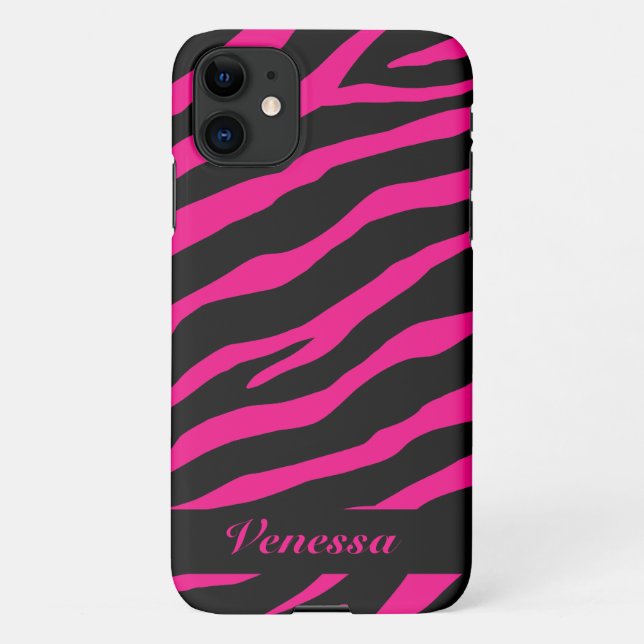 Pink black zebra stripe animal print Zazzle Basic iPhone Case (Back)
