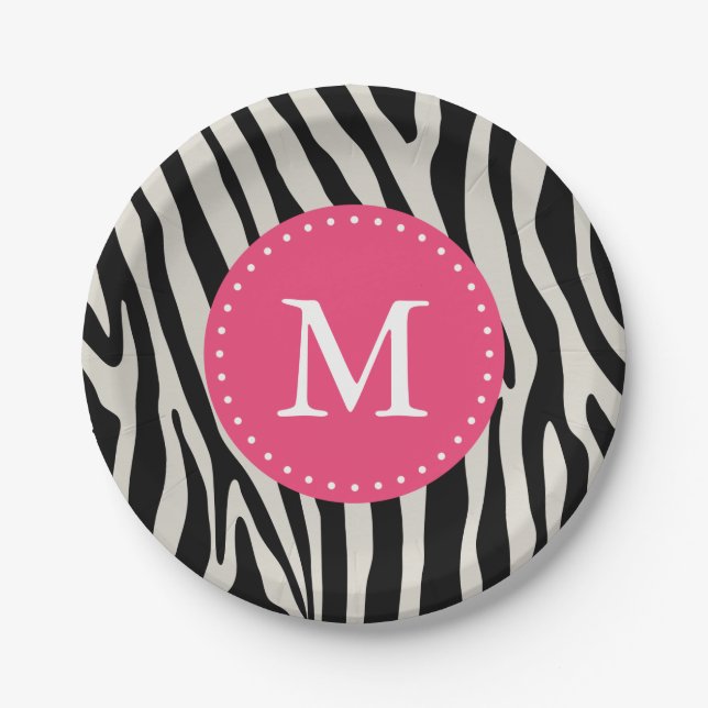 Pink & Black Zebra Stripe Monogram Birthday Party Paper Plates (Front)