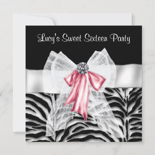 Pink Black Zebra Sweet 16 Birthday Party Personalized Invitations