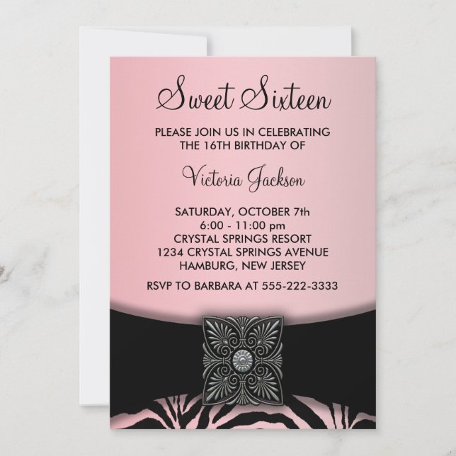 Pink Black Zebra Sweet Sixteen Party Invitation (Front)