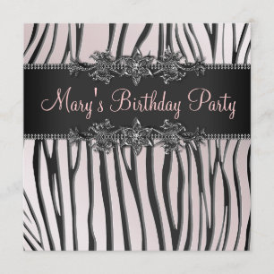 Pink Black Zebra Womans Birthday Party Invitation