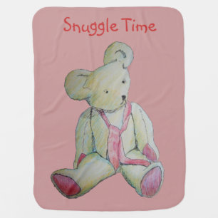 pink blanket with cute old white teddy bear