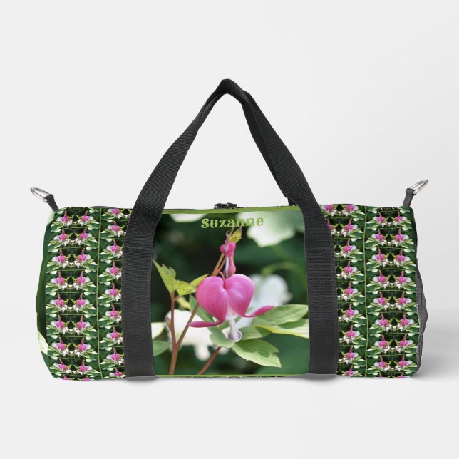 Pink Bleeding Heart Flower Mirror Personalized Duffle Bag (Front)