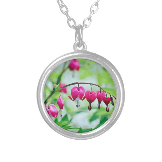 Pink Bleeding heart Flower Silver Plated Necklace (Front)