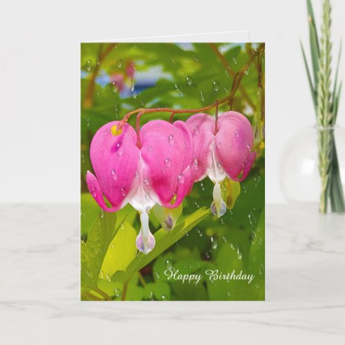 pink bleeding heart flowers and rain card
