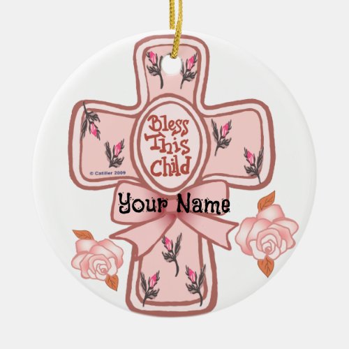 Pink Bless This Child Christian Cross Ornament