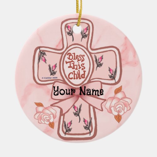 Pink Bless This Child Christian Cross Ornament