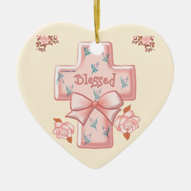 Pink Blessed Christian Cross heart ornament (Front)