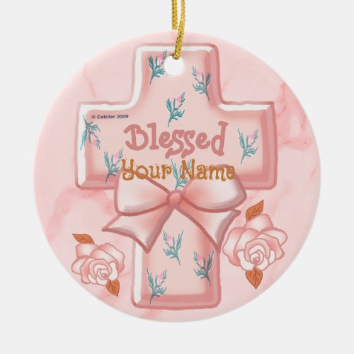 Pink Blessed Christian Cross heart ornament
