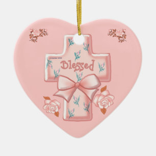 Pink Blessed Christian Cross heart ornament