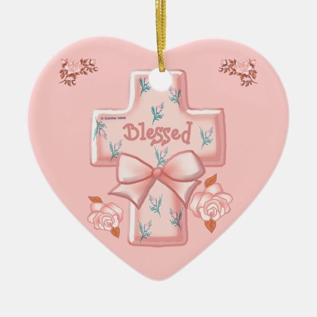 Pink Blessed Christian Cross heart ornament (Front)