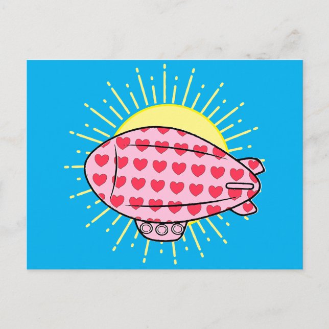 Pink Blimp Balloon Red Heart Pattern Custom Postcard (Front)