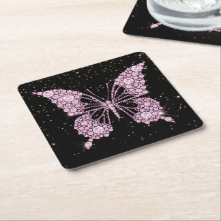 Pink Bling Butterly Square Paper Coaster