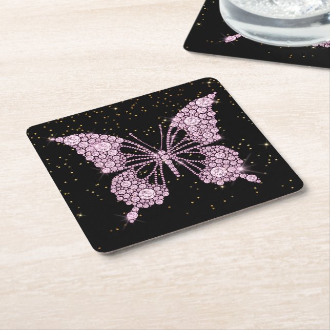 Pink Bling Butterly Square Paper Coaster (Angled)