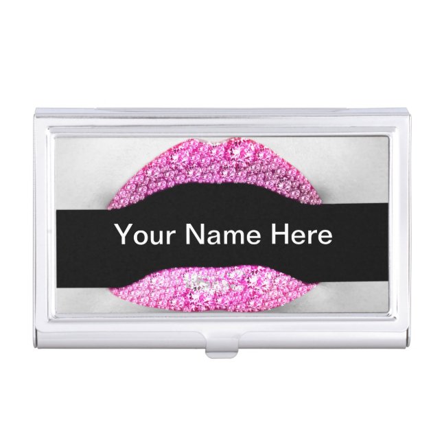 Pink Bling Diamond Lips Business Card Case (Front)
