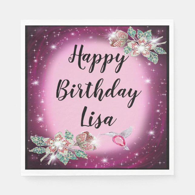 Pink Bling Floral Bird Birthday Napkins (Front)
