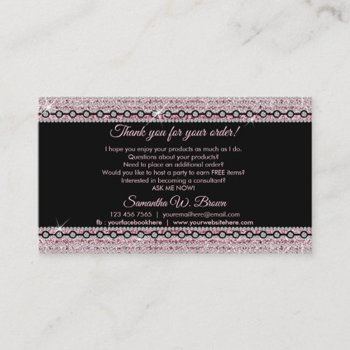 Pink Bling Thank You For Order Jewelry Consultant Business Card