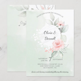 Pink Bliss Roses Pastel Green Wash Wedding Invitation