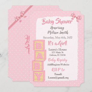 Pink Blocks and Bows  Baby Girl Baby Shower Invitation