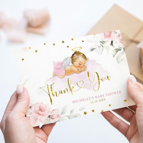 Pink Blonde Angel Baby Heaven Sent Baby Shower Thank You Card