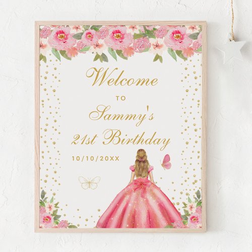 Pink Blonde Hair Girl Birthday Party Welcome Poster