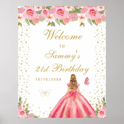 Pink Blonde Hair Girl Birthday Party Welcome Poster