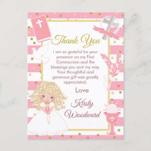 Pink Blonde Hair Girl First Communion Thank You Postcard
