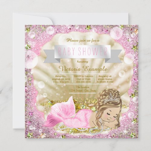 Pink Blonde Mermaid Baby Shower Invitation